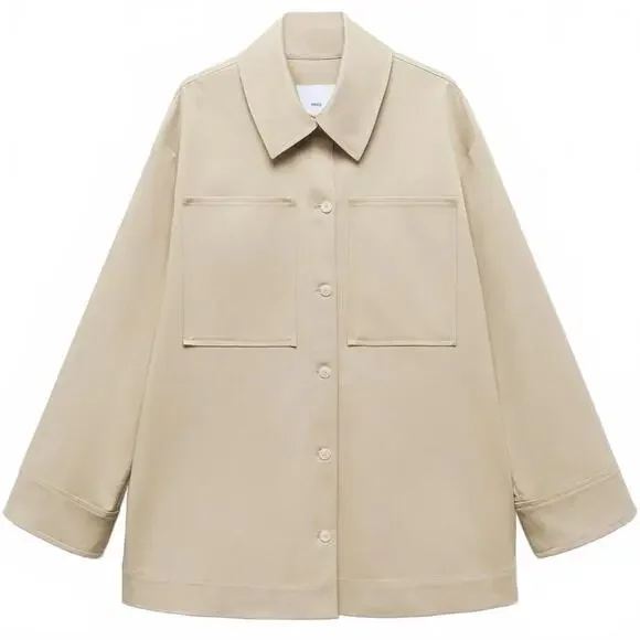 Mango Cotton Blend Oversized Overshirt with Pockets Beige NWT Small - Picture 3 of 8